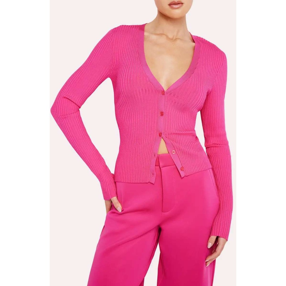 Good American Pink Ribbed Knit Cropped Cardigan Long Sleeve Button Front Top